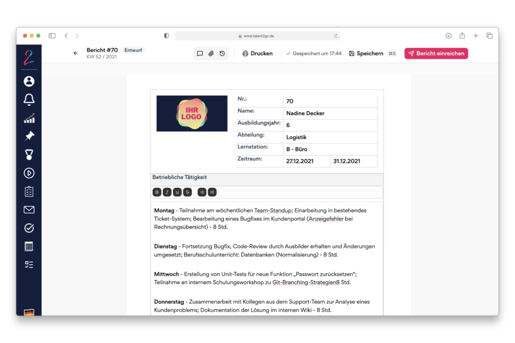 Talent2Go: Berichtsheft schreiben