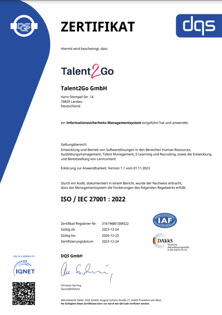 Talent2Go Ausbildungsmanagement - ISO 27001 zertifizierter Anbieter - Zertifikat deutsch