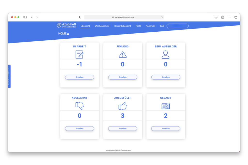 Azubiheft Berichtsheft-Dashboard