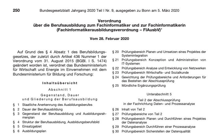 Beispiel: Auszug aus der Ausbildungsverordnung für das Berufsbild "Fachinformatiker/-innen der Fachrichtung